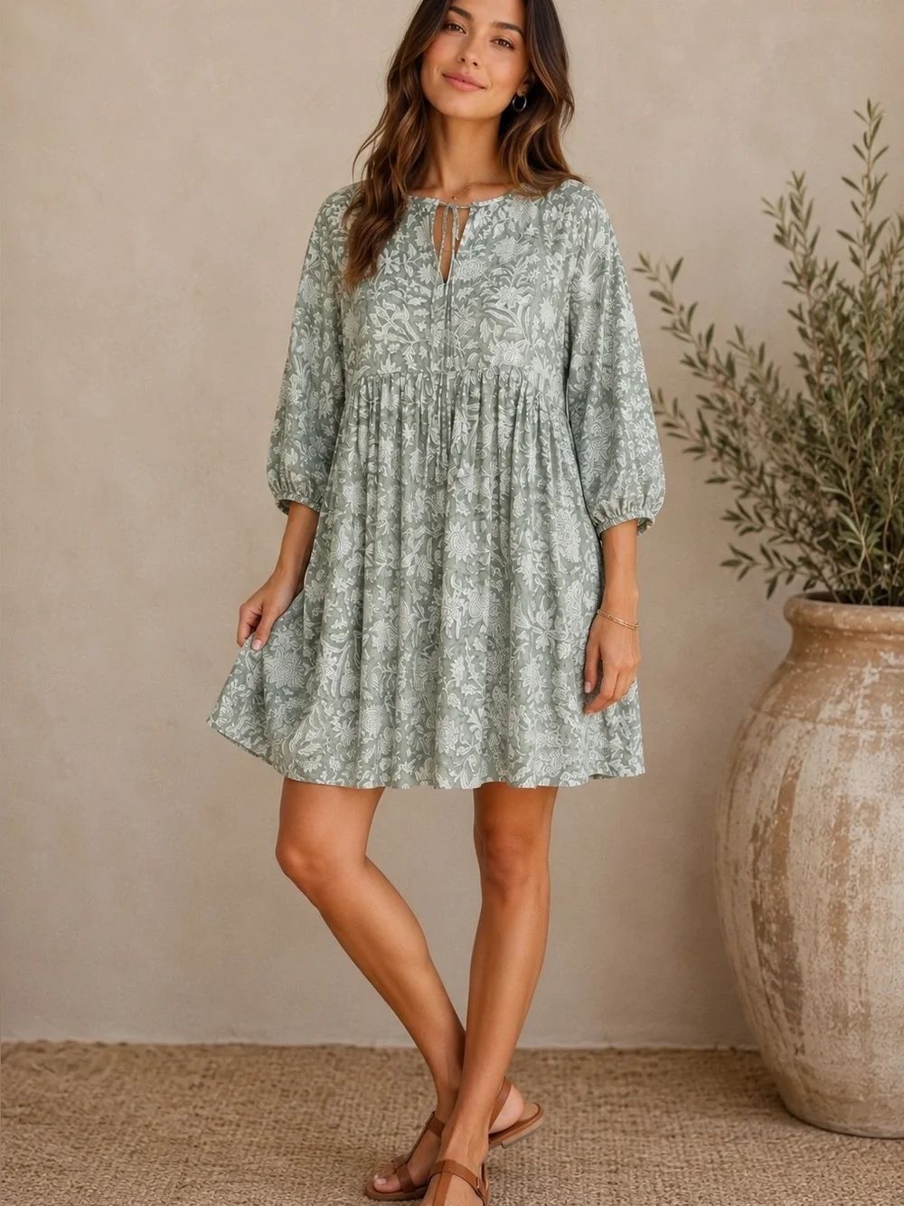 Daughters of India Kyra Jade Sage Floral Cotton Tiered Mini Dress XXL Boho